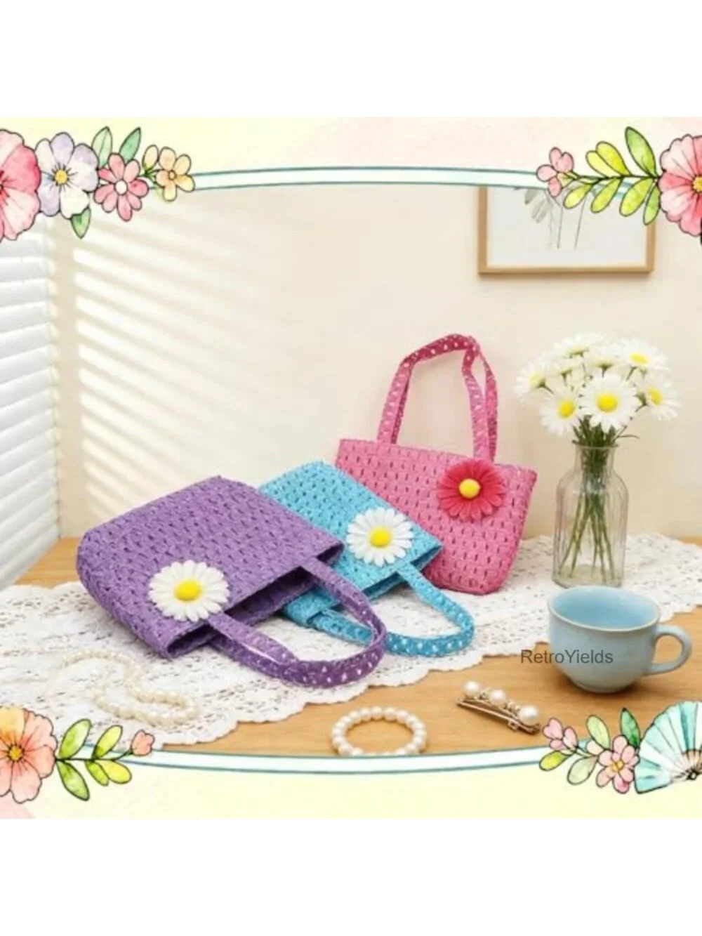 Girls Straw Sun Hat & Purse Set - 6 Pack Kids Tea Party Birthday Gift